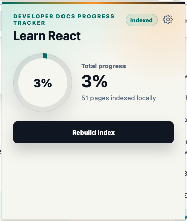 Extension popup showing an indexed Learn React documentation set with total progress and a rebuild index button.